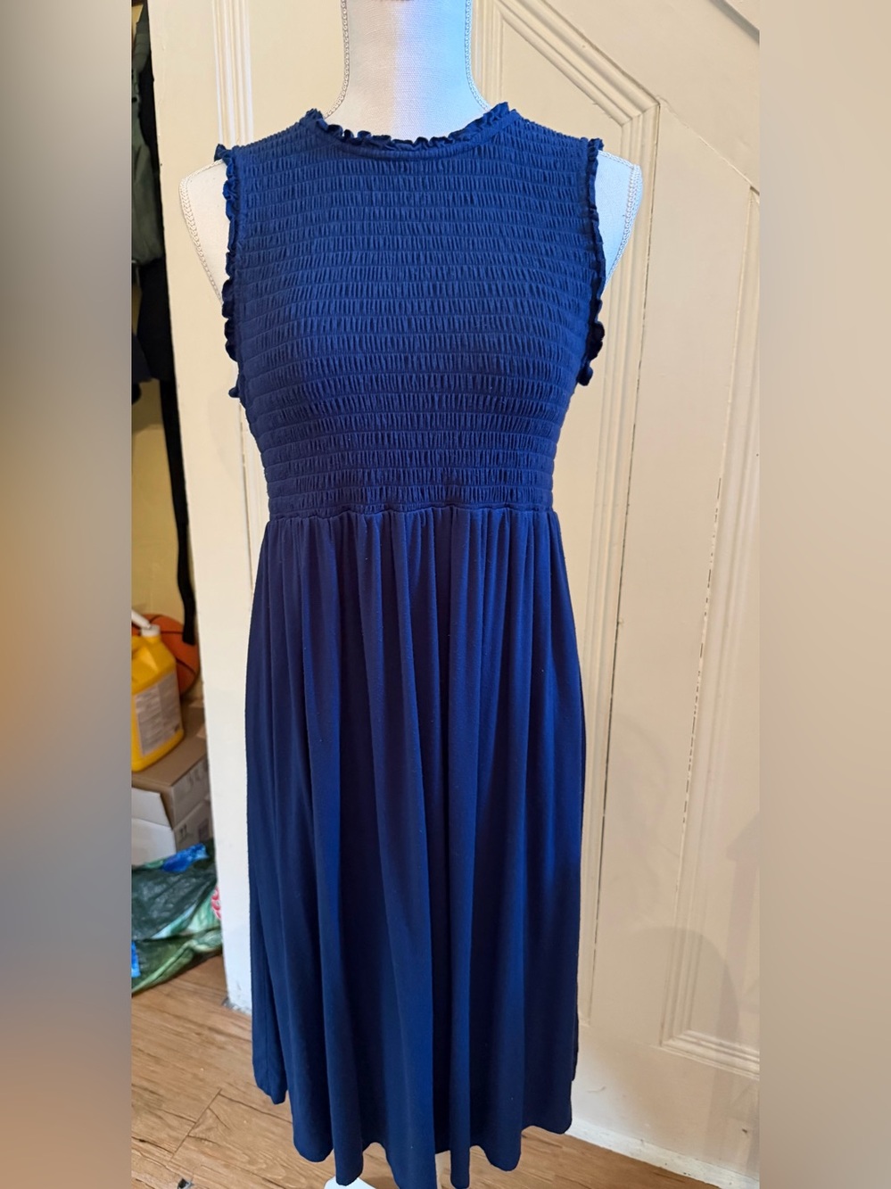 The Nines by HATCH Navy Smocked Sleeveless Midi Dress